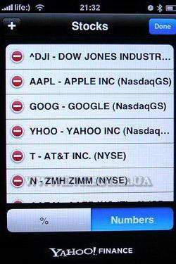 Скриншот меню Stocks телефона Apple iPhone