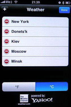 Скриншот меню Weather телефона Apple iPhone